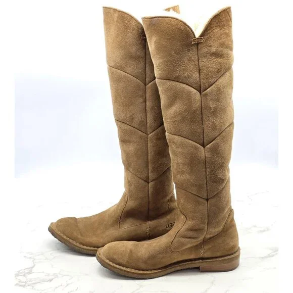 UGG Boots Womens 8.5 Samantha Chestnut Brown Shearling Suede Knee Tall 1008706